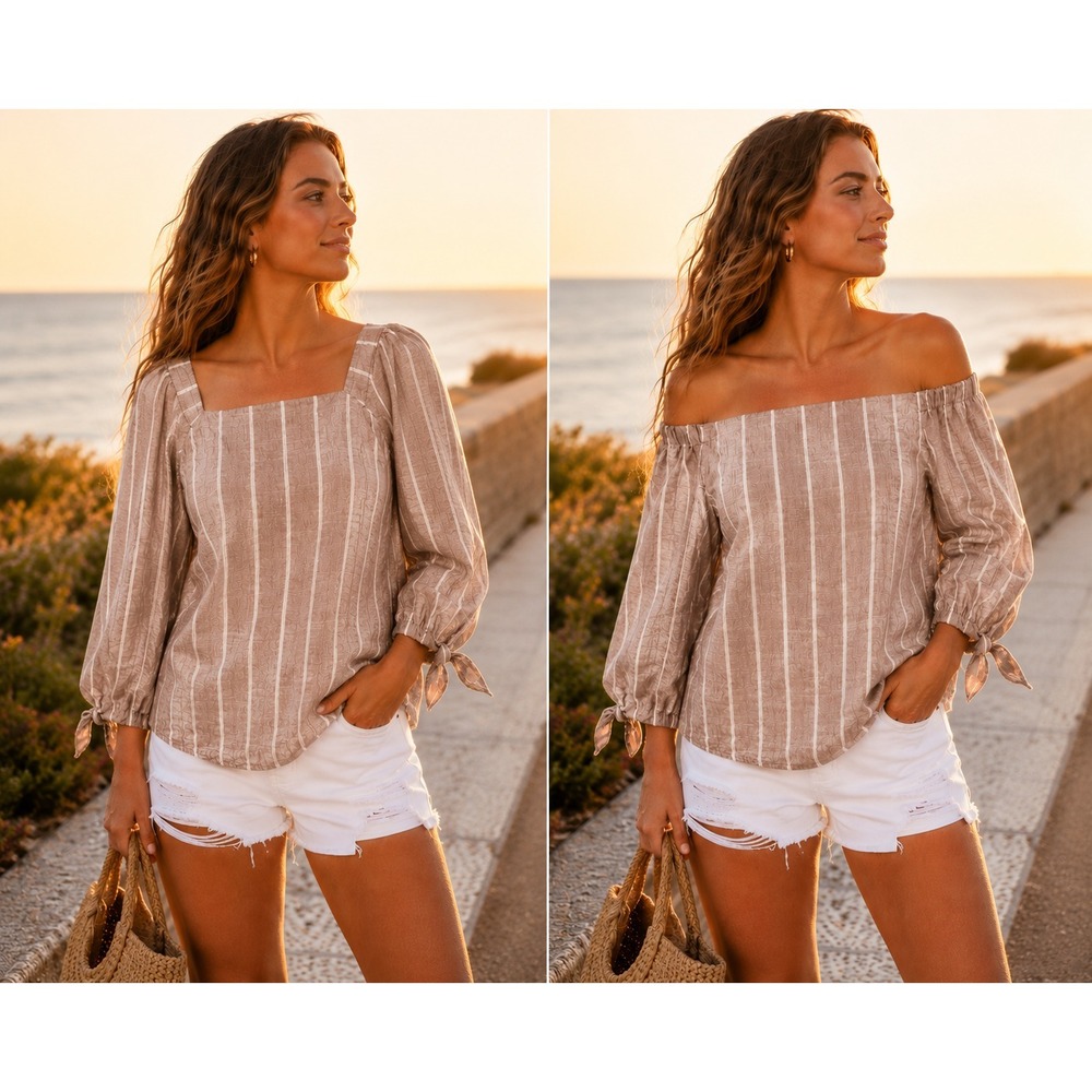 European Summer Blush Taupe Striped On/Off Shoulder Top Sz L Cotton Coastal